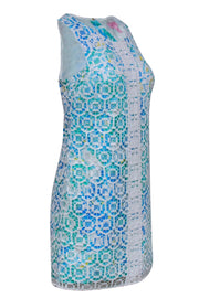 Current Boutique-Lilly Pulitzer - Blue Floral Print Shift Dress w/ White Crochet Sz 2