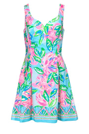 Current Boutique-Lilly Pulitzer - Blue, Green & Pink Floral Print A-Line "Linett" Dress Sz 8