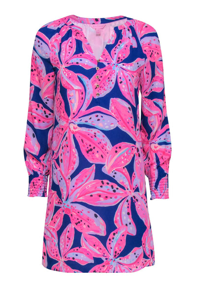 Current Boutique-Lilly Pulitzer - Blue & Hot Pink Floral Dress w/ Notched Neckline Sz XXS