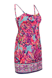 Current Boutique-Lilly Pulitzer - Blue & Neon Pink Floral Print Sleeveless Sheath Dress Sz 2