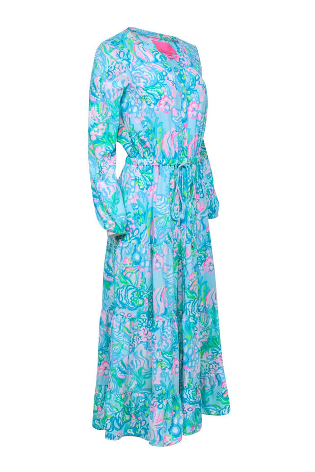 Current Boutique-Lilly Pulitzer - Blue & Neon Pink Tropical Print Button-Front Maxi Dress Sz 2