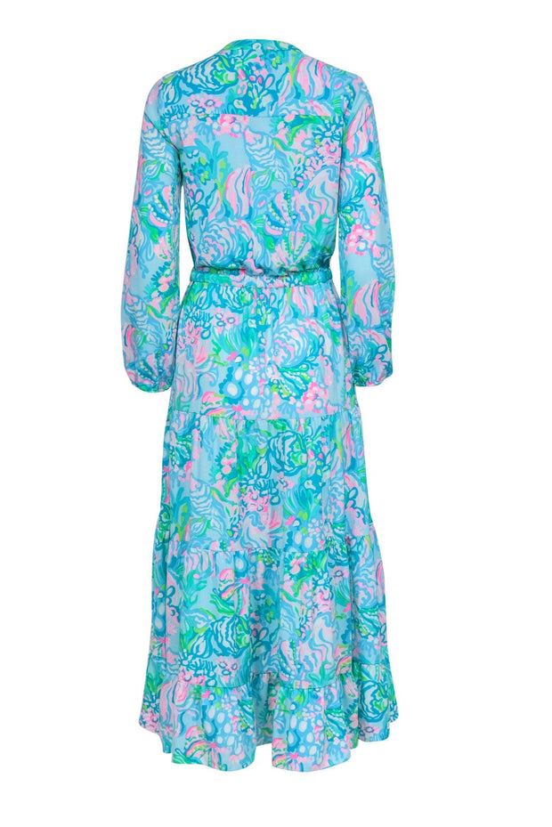 Current Boutique-Lilly Pulitzer - Blue & Neon Pink Tropical Print Button-Front Maxi Dress Sz 2