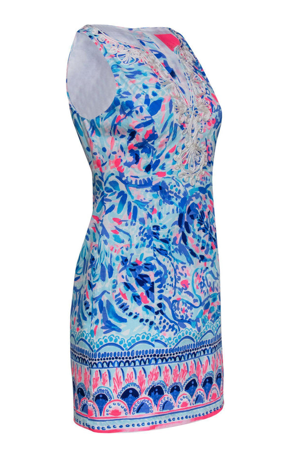 Current Boutique-Lilly Pulitzer - Blue & Pink Printed Sleeveless Shift Dress w/ Embroidered Trim Sz 4