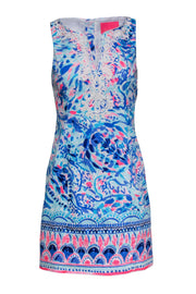 Current Boutique-Lilly Pulitzer - Blue & Pink Printed Sleeveless Shift Dress w/ Embroidered Trim Sz 4