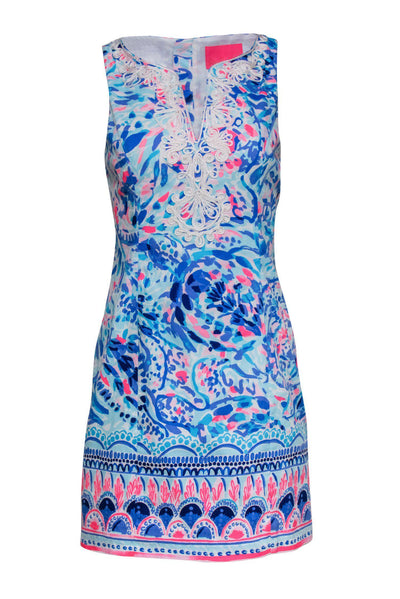 Current Boutique-Lilly Pulitzer - Blue & Pink Printed Sleeveless Shift Dress w/ Embroidered Trim Sz 4