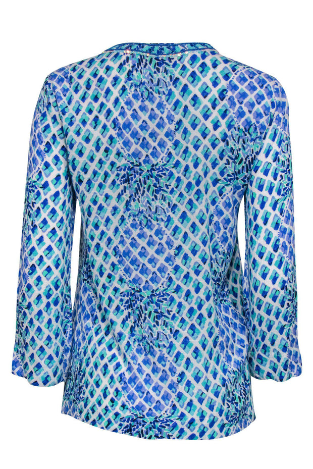 Current Boutique-Lilly Pulitzer - Blue Printed Peasant Blouse w/ Sequins Sz XS