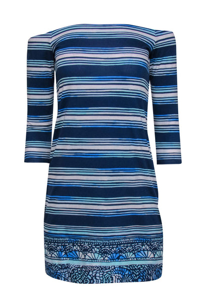 Current Boutique-Lilly Pulitzer - Blue Striped Off-the-Shoulder "Lurana" T-Shirt Dress Sz XS