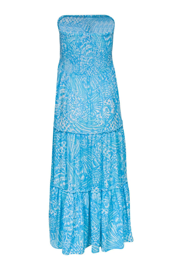 Current Boutique-Lilly Pulitzer - Blue & White Shell Print Strapless Tiered Maxi Dress Sz XS