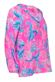 Current Boutique-Lilly Pulitzer - Bright Pink & Blue Floral Silk Peasant Blouse Sz XS