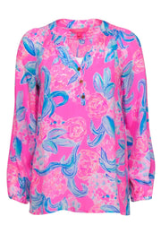 Current Boutique-Lilly Pulitzer - Bright Pink & Blue Floral Silk Peasant Blouse Sz XS