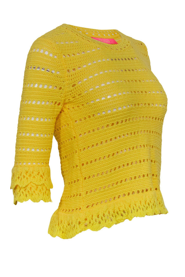 Current Boutique-Lilly Pulitzer - Bright Yellow Eyelet Knit Sweater w/ Ruffle Trim Sz XS