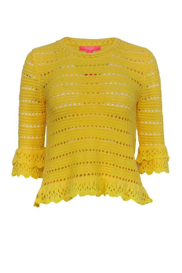 Current Boutique-Lilly Pulitzer - Bright Yellow Eyelet Knit Sweater w/ Ruffle Trim Sz XS