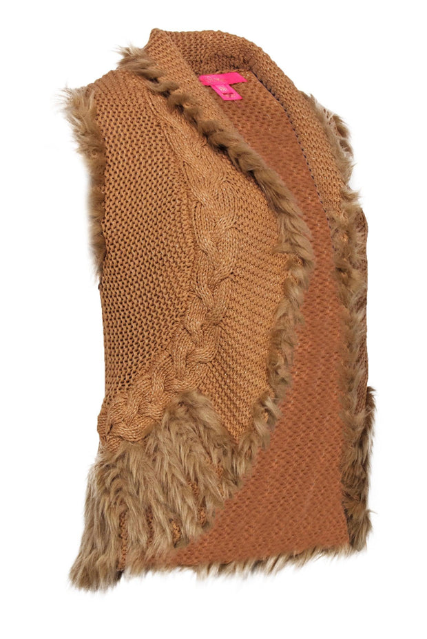 Current Boutique-Lilly Pulitzer – Camel Cotton Blend Knit Metallic Vest w/ Faux Fur Sz XXS