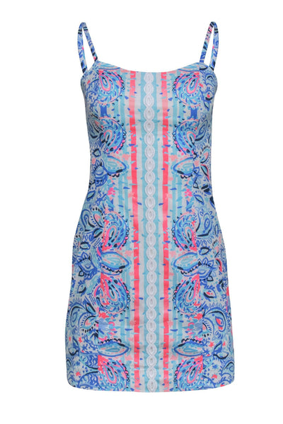 Current Boutique-Lilly Pulitzer - Cobalt & Neon Pink Print Cotton Sheath Dress w/ Tie Back Sz 00