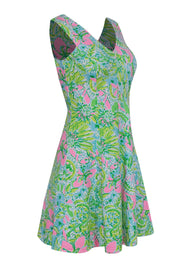 Current Boutique-Lilly Pulitzer - Green, Blue & Pink Floral Print Sleeveless Fit & Flare Dress Sz XS