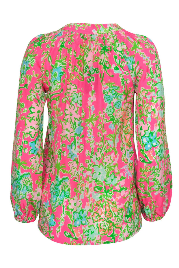 Current Boutique-Lilly Pulitzer - Green & Pink Floral Printed Silk Blouse Sz XS