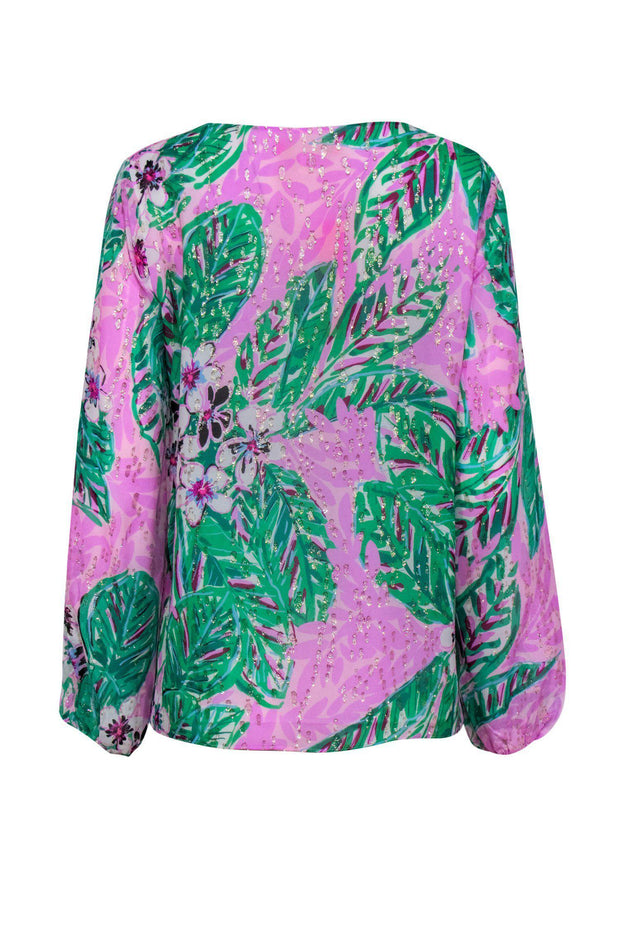 Current Boutique-Lilly Pulitzer - Green & Purple Floral Print Shirt w/ Metallic Detailing Sz M