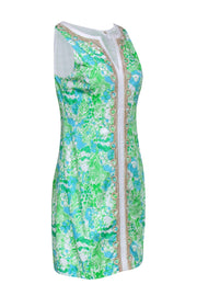 Current Boutique-Lilly Pulitzer - Green, White & Blue Jungle Print "Janice" Shift Dress w/ Gold Embroidery Sz 4