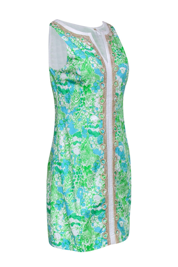 Current Boutique-Lilly Pulitzer - Green, White & Blue Jungle Print "Janice" Shift Dress w/ Gold Embroidery Sz 4