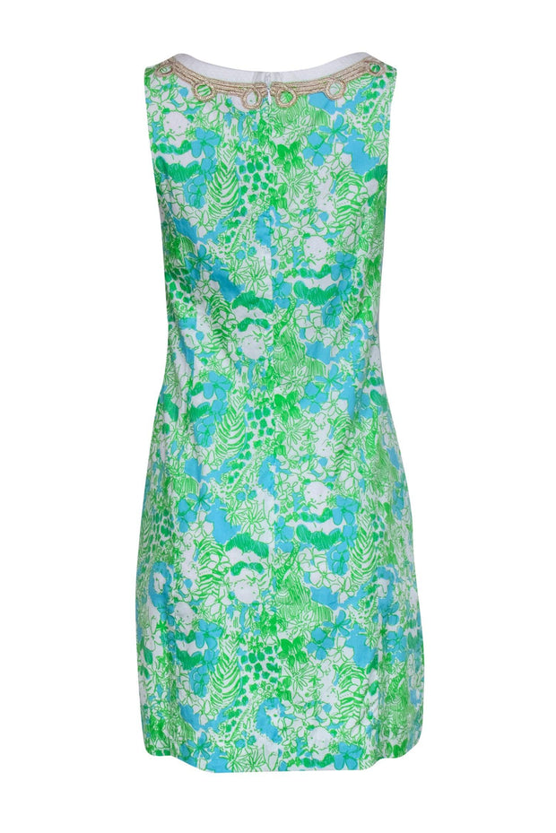 Current Boutique-Lilly Pulitzer - Green, White & Blue Jungle Print "Janice" Shift Dress w/ Gold Embroidery Sz 4