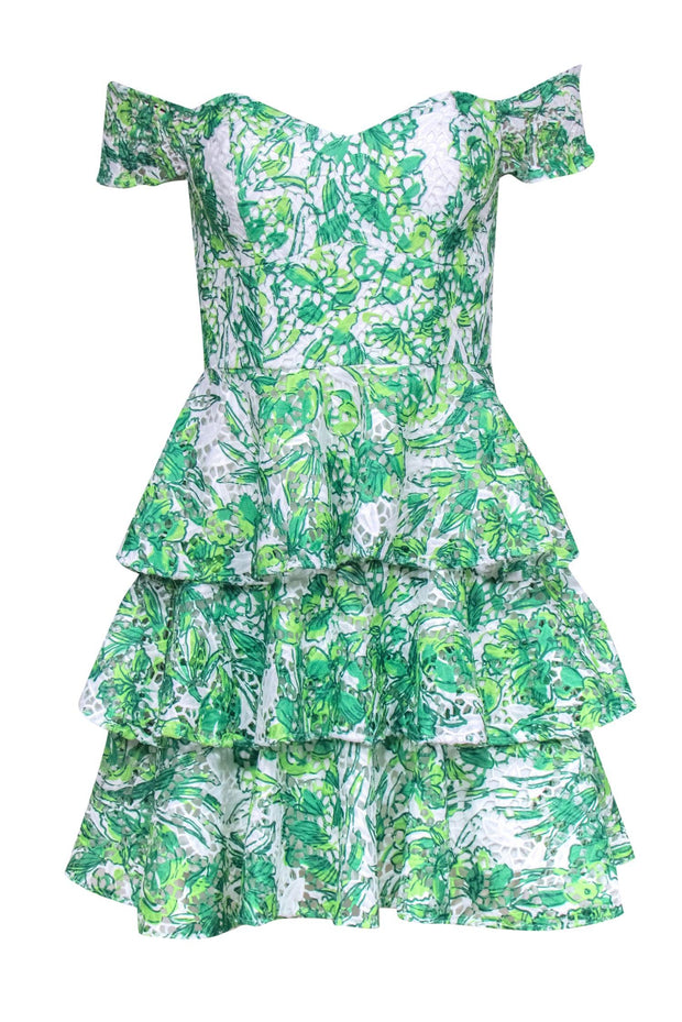 Current Boutique-Lilly Pulitzer - Green & White Leaf Print Eyelet Mini Dress w/ Ruffles Sz 00