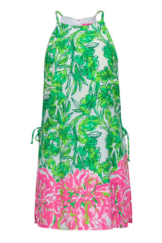 Current Boutique-Lilly Pulitzer - Green, White & Pink Floral & Flamingo Print Romper w/ Overlay Sz 6