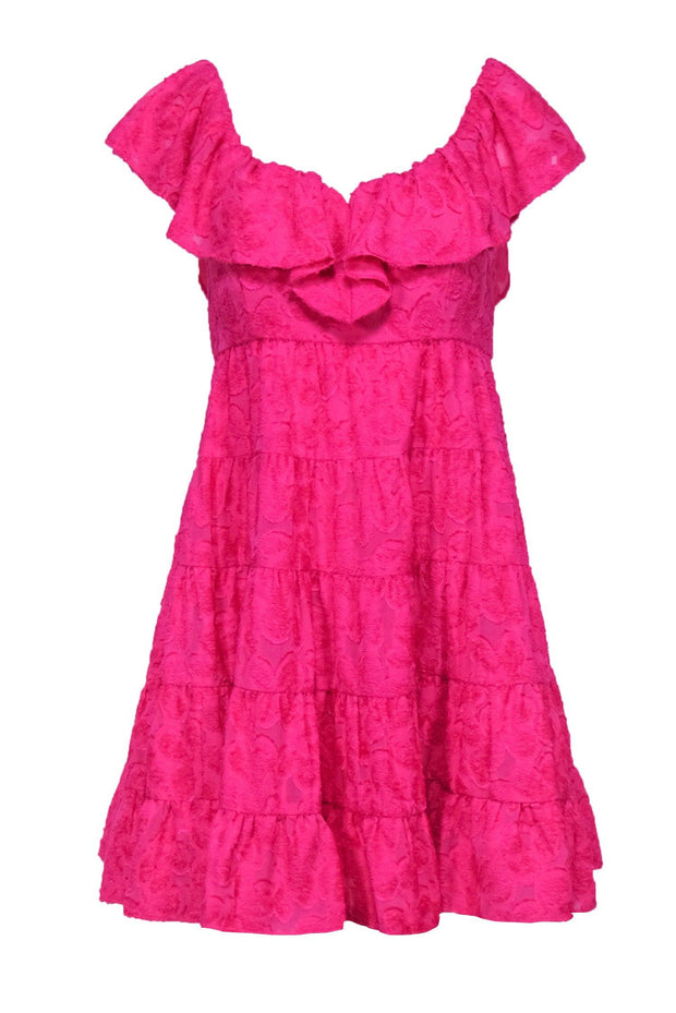 Current Boutique-Lilly Pulitzer - Hot Pink Fuzzy Textured Tiered Shift Dress w/ Ruffles Sz 2