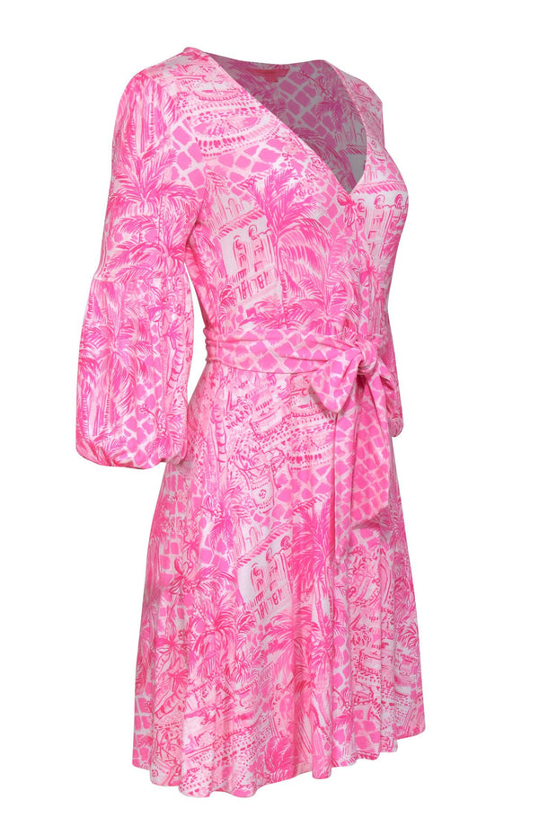 Current Boutique-Lilly Pulitzer - Hot Pink Scenic Palm Tree Print Balloon Sleeve "Chace" Dress Sz S