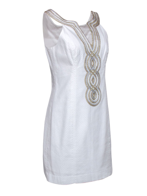 Current Boutique-Lilly Pulitzer - Ivory Sleeveless "Valli" Shift Dress w/ Gold Soutache Sz 6