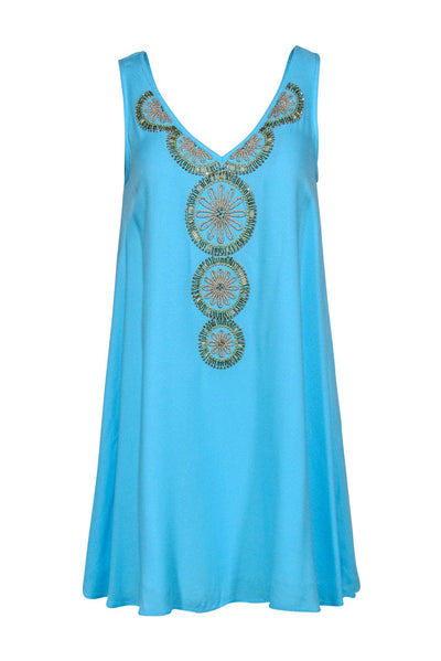 Current Boutique-Lilly Pulitzer - Light Blue "Fia" Swing Dress w/ Gold-Toned Medallion Embroidery & Beading Sz S