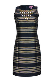 Current Boutique-Lilly Pulitzer - Navy & Gold Striped Sheath Dress w/ Jewels Sz 2