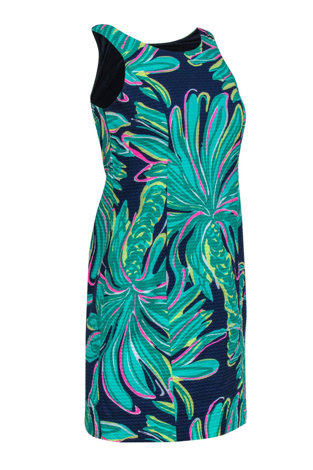 Current Boutique-Lilly Pulitzer - Navy, Green & Pink Palm Tree Print Cotton Shift Dress Sz 0