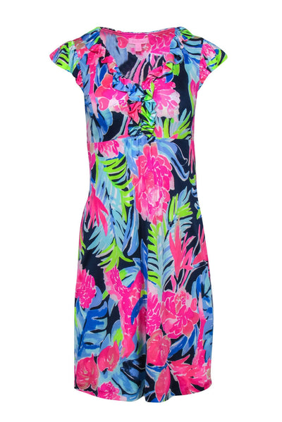 Current Boutique-Lilly Pulitzer - Navy & Pink Floral Silk "Clare" Dress w/ Ruffle Sleeves Sz S