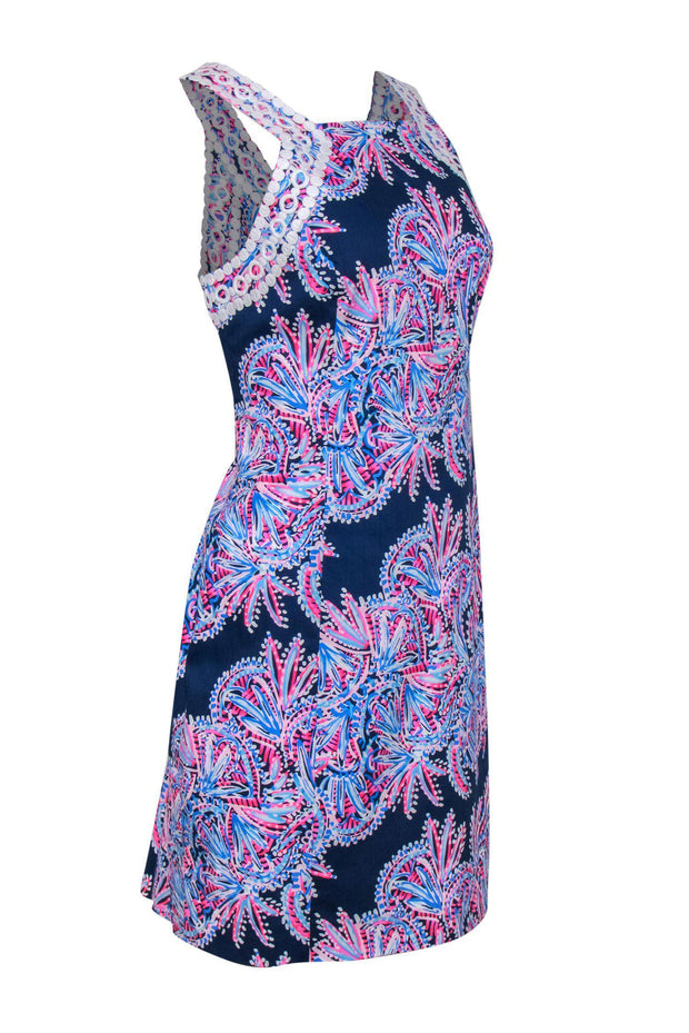 Current Boutique-Lilly Pulitzer - Navy, Pink & White Printed Sleeveless Dress w/ Eyelet Trim Sz 12