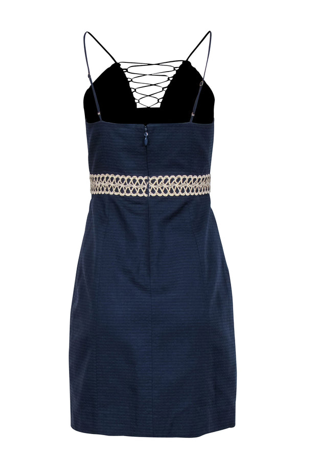 Current Boutique-Lilly Pulitzer - Navy Textured Cotton High-Neck "Trista" Shift Dress w/ Gold-Embroidery Sz 2