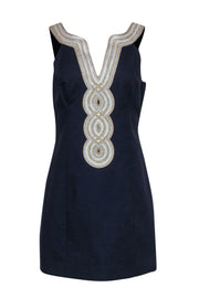 Current Boutique-Lilly Pulitzer - Navy Textured Sleeveless Sheath Dress w/ Gold & Silver Embroidery Sz 8