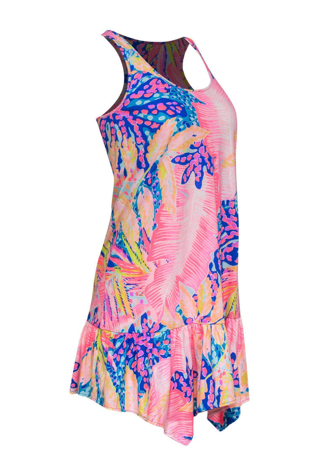 Current Boutique-Lilly Pulitzer - Neon Pink & Blue Tropical Print Sleeveless Shift Dress w/ Scarf Hem Sz XXS