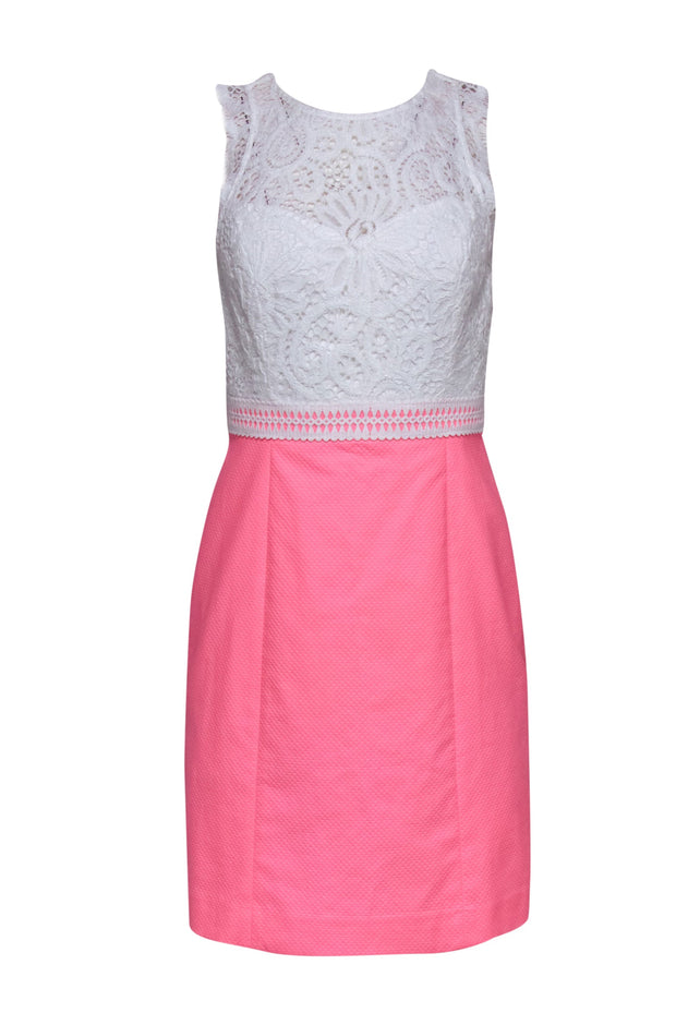 Current Boutique-Lilly Pulitzer - Neon Pink Sheath Dress w/ White Lace Bodice Sz 4