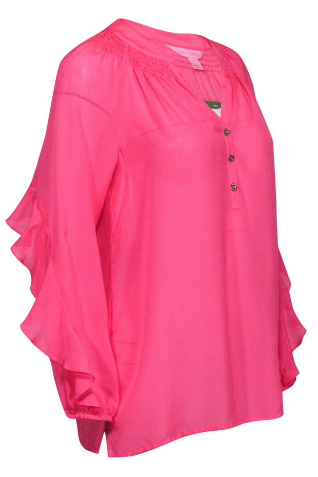 Current Boutique-Lilly Pulitzer - Neon Pink Silk Peasant Top w/ Ruffles Sz S