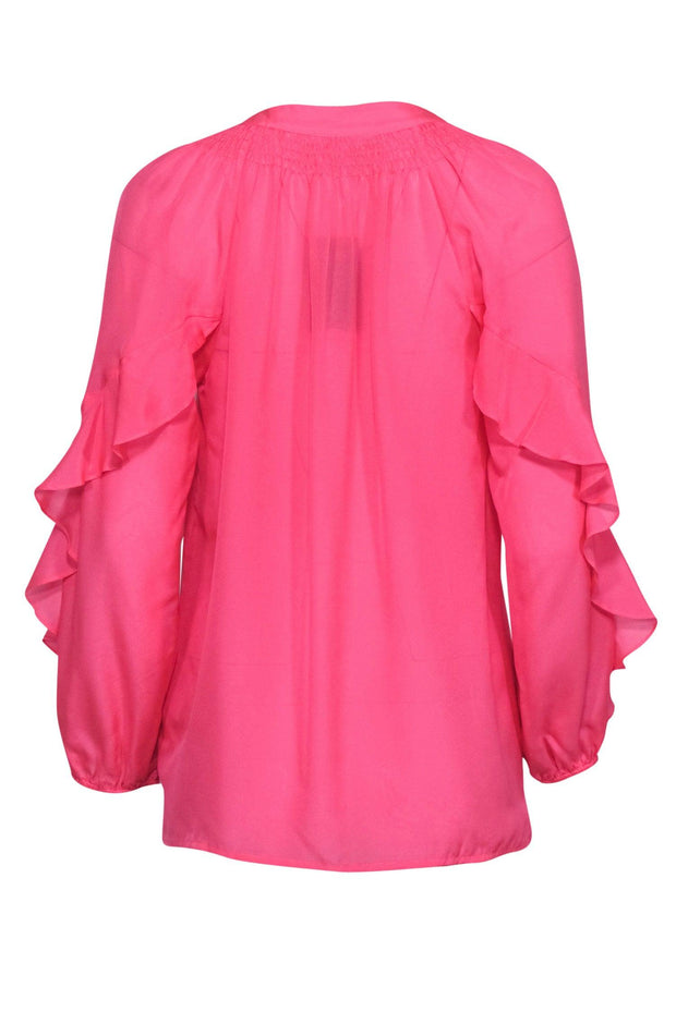 Current Boutique-Lilly Pulitzer - Neon Pink Silk Peasant Top w/ Ruffles Sz S