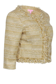 Current Boutique-Lilly Pulitzer - Pale Yellow & Gold Cropped Tweed Jacket w/ Fringe Sz 4