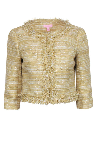 Current Boutique-Lilly Pulitzer - Pale Yellow & Gold Cropped Tweed Jacket w/ Fringe Sz 4