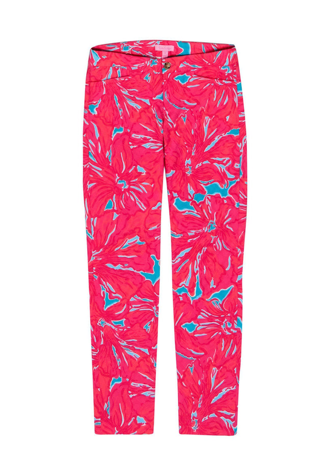 Current Boutique-Lilly Pulitzer - Pink & Blue Textured Floral Print Skinny Pants Sz 0