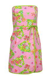 Current Boutique-Lilly Pulitzer - Pink Crab Floral "Muscle Beach" Print Cotton Strapless Sundress Sz 4