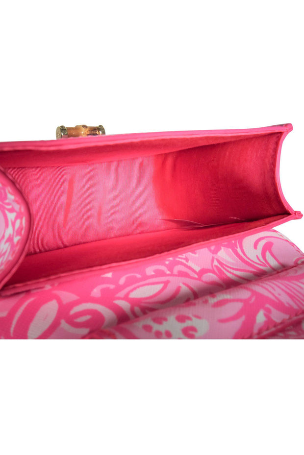Current Boutique-Lilly Pulitzer - Pink Floral Print Leather Gold Chain Crossbody w/ Faux Bamboo Handle