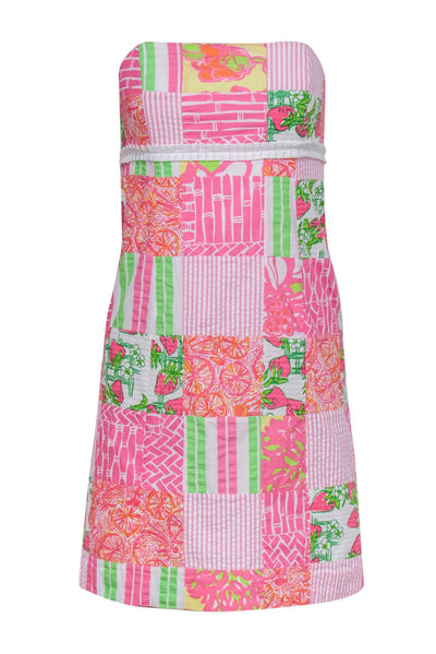 Current Boutique-Lilly Pulitzer - Pink & Green Mixed Fruit Patchwork Cotton Strapless Dress Sz 2