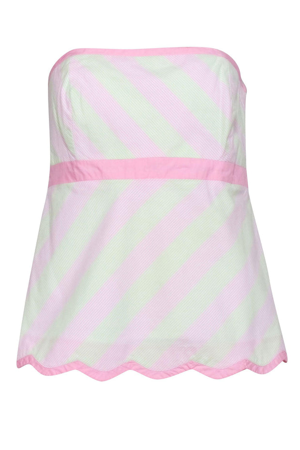 Current Boutique-Lilly Pulitzer - Pink & Green Seersucker Strapless Top w/ Scalloped Hem Sz 10