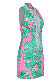 Current Boutique-Lilly Pulitzer - Pink, Green & White Leaf Print Sheath Dress w/ Embroidered Trim Sz 4