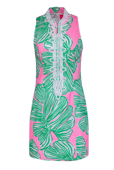 Current Boutique-Lilly Pulitzer - Pink, Green & White Leaf Print Sheath Dress w/ Embroidered Trim Sz 4