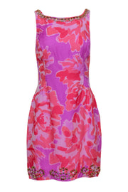 Current Boutique-Lilly Pulitzer - Pink & Purple Floral Printed Silk Dress w/ Beading Sz 6